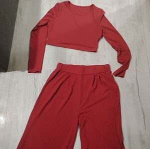 SHEIN Red Ribbed Jumpsuit Set